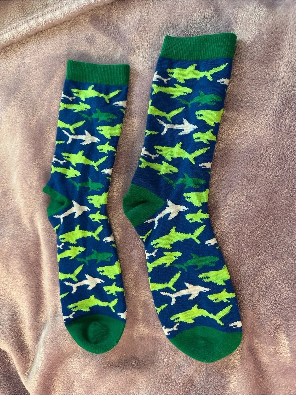 Hollister Blue Crew Socks with Green & White Shark Pattern